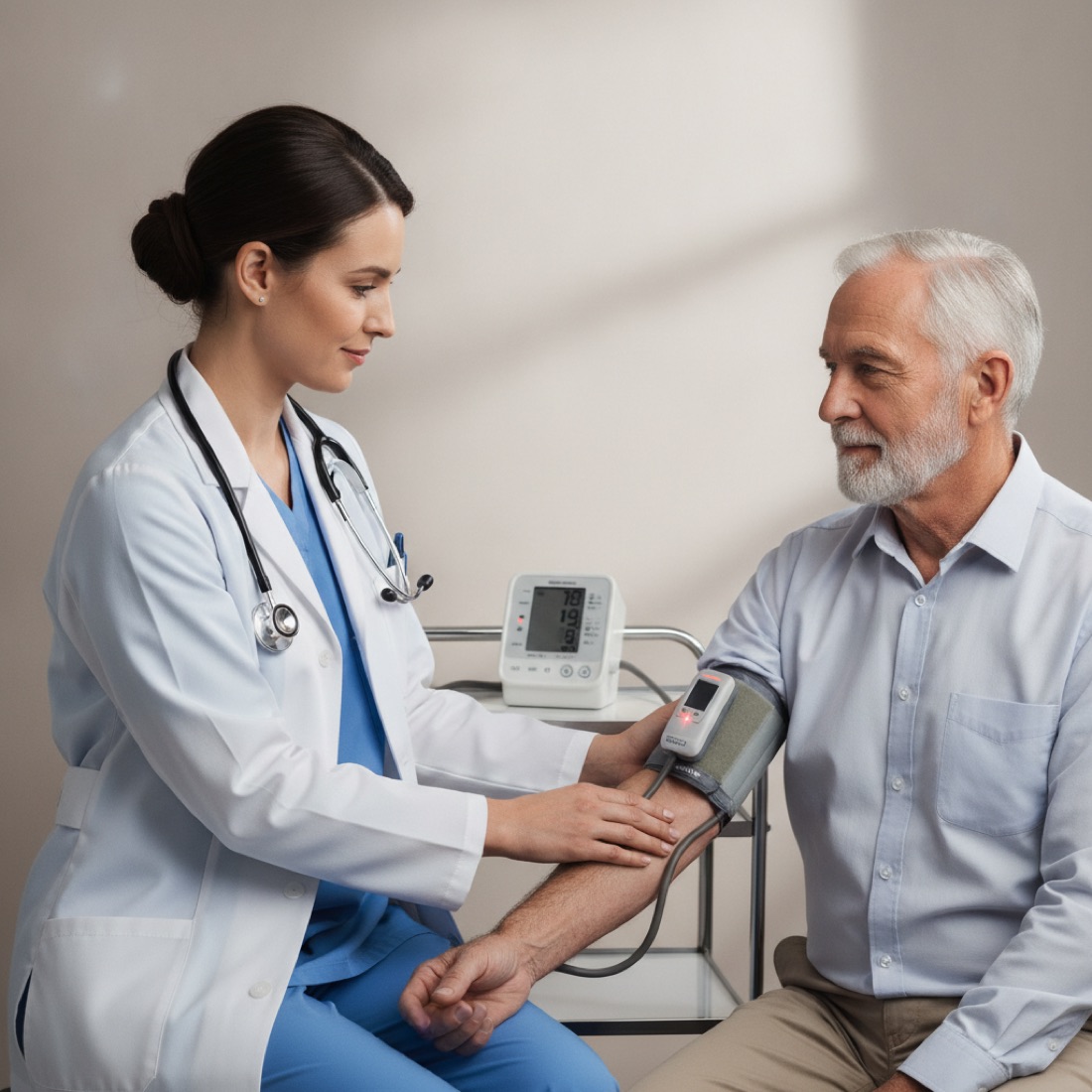 A nurse checking an older man&rsquo;s blood pressure