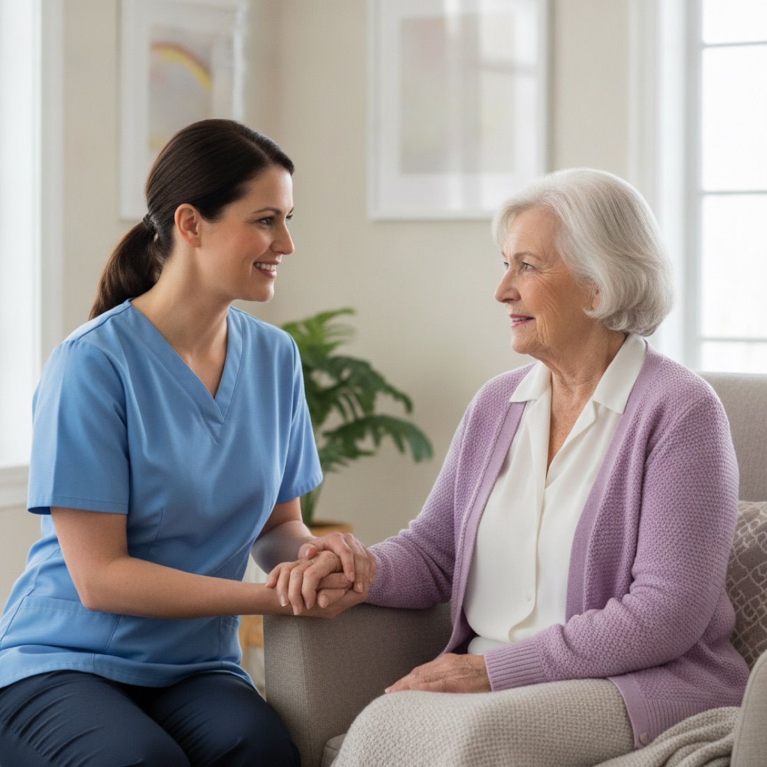 A support worker sitting with a senior client at home, holding her hand