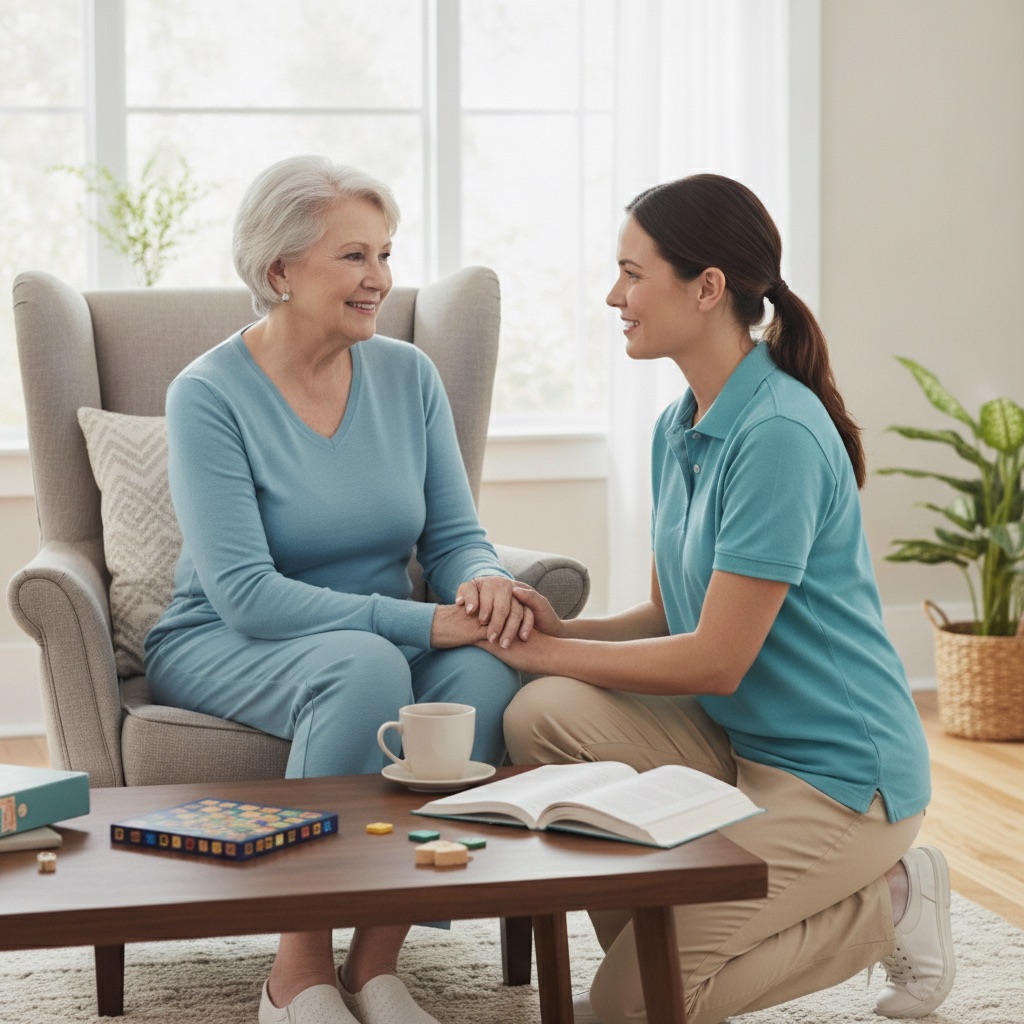 A support worker sitting with a senior client in her living room over tea and a game